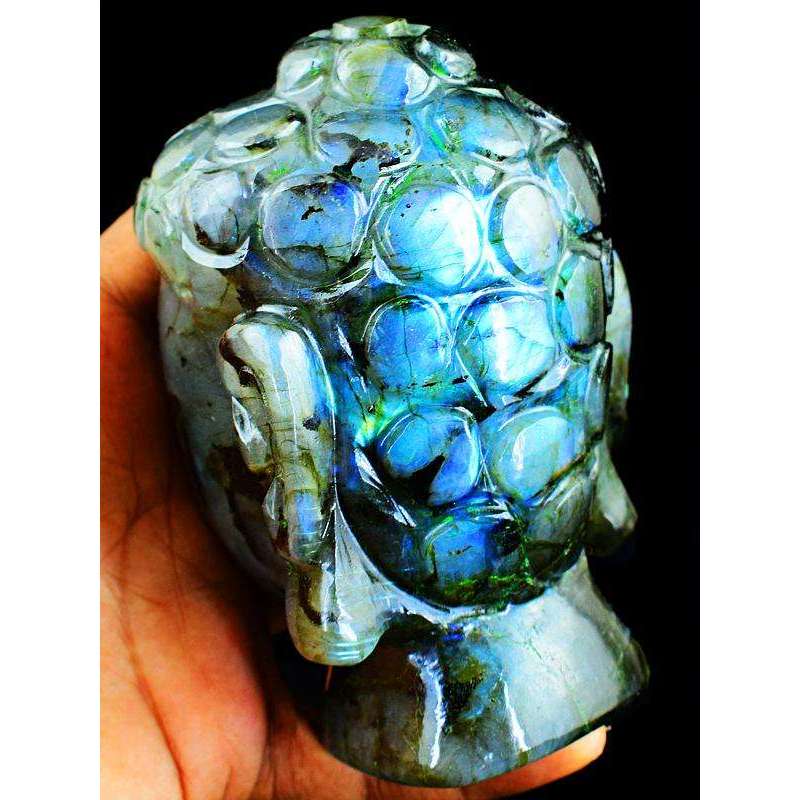 gemsmore:Genuine Blue Flash Labradorite Carved Lord Buddha Head Idol