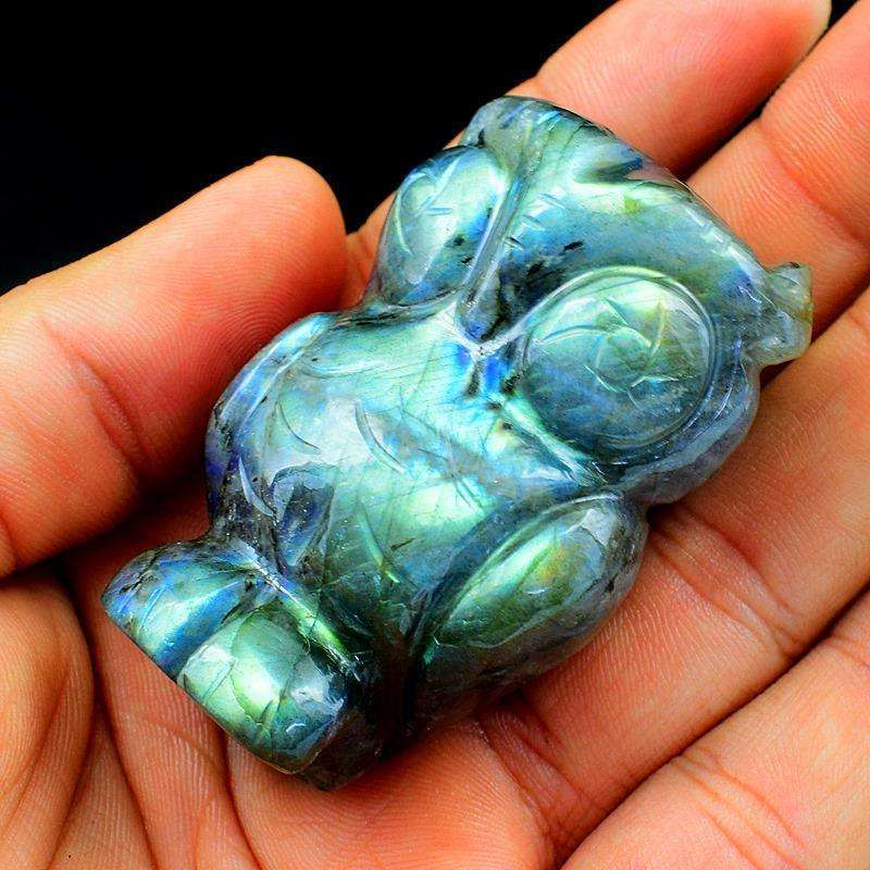 gemsmore:Genuine Blue Flash Labradorite Hand Carved Owl