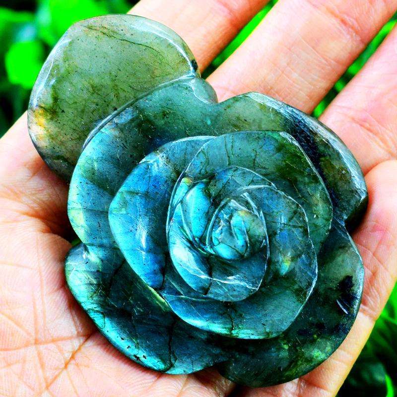 gemsmore:Genuine Blue Flash Labradorite Hand Carved Rose