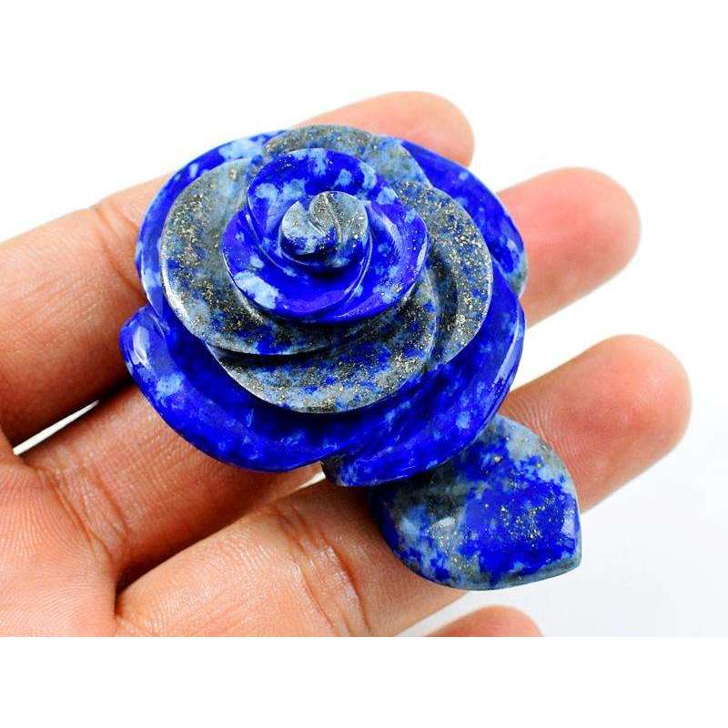gemsmore:Genuine Blue Lapis Lazuli Hand Carved Rose With Leaf