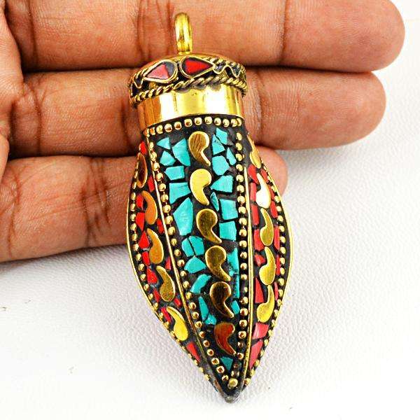 gemsmore:Genuine Coral & Turqouise Tibet Silver Pendant