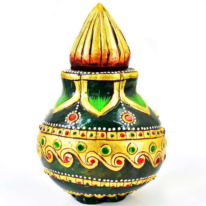 gemsmore:Genuine Enamel Painted Green Jade Healing Pot