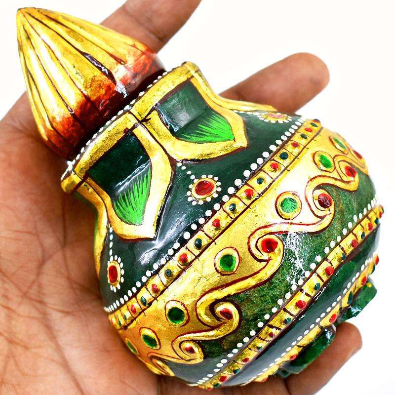 gemsmore:Genuine Enamel Painted Green Jade Healing Pot