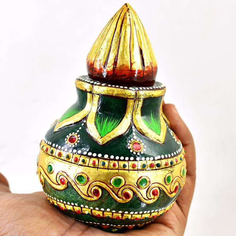 gemsmore:Genuine Enamel Painted Green Jade Healing Pot