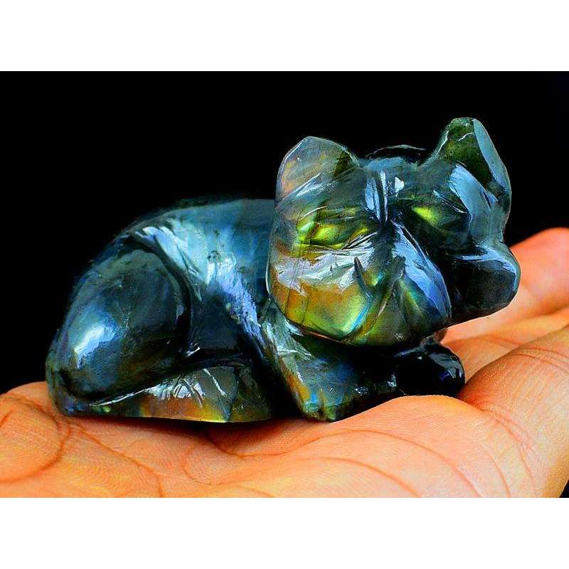 gemsmore:Genuine Golden Flash Labradorite Carved Cat Gemstone