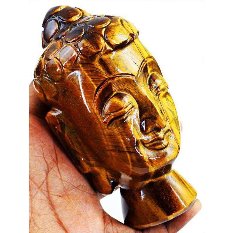gemsmore:Genuine Golden Tiger Eye Carved Lord Buddha Head