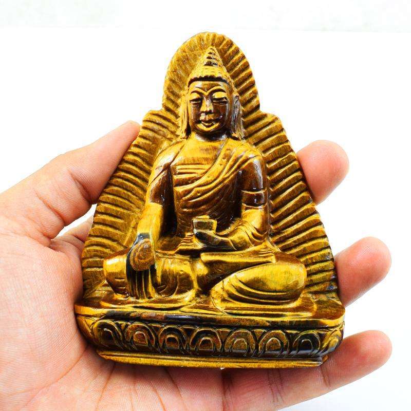 gemsmore:Genuine Golden Tiger Eye Carved Lord Buddha Statue Carving