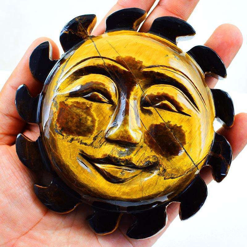gemsmore:Genuine Golden Tiger Eye Carved Sun Face