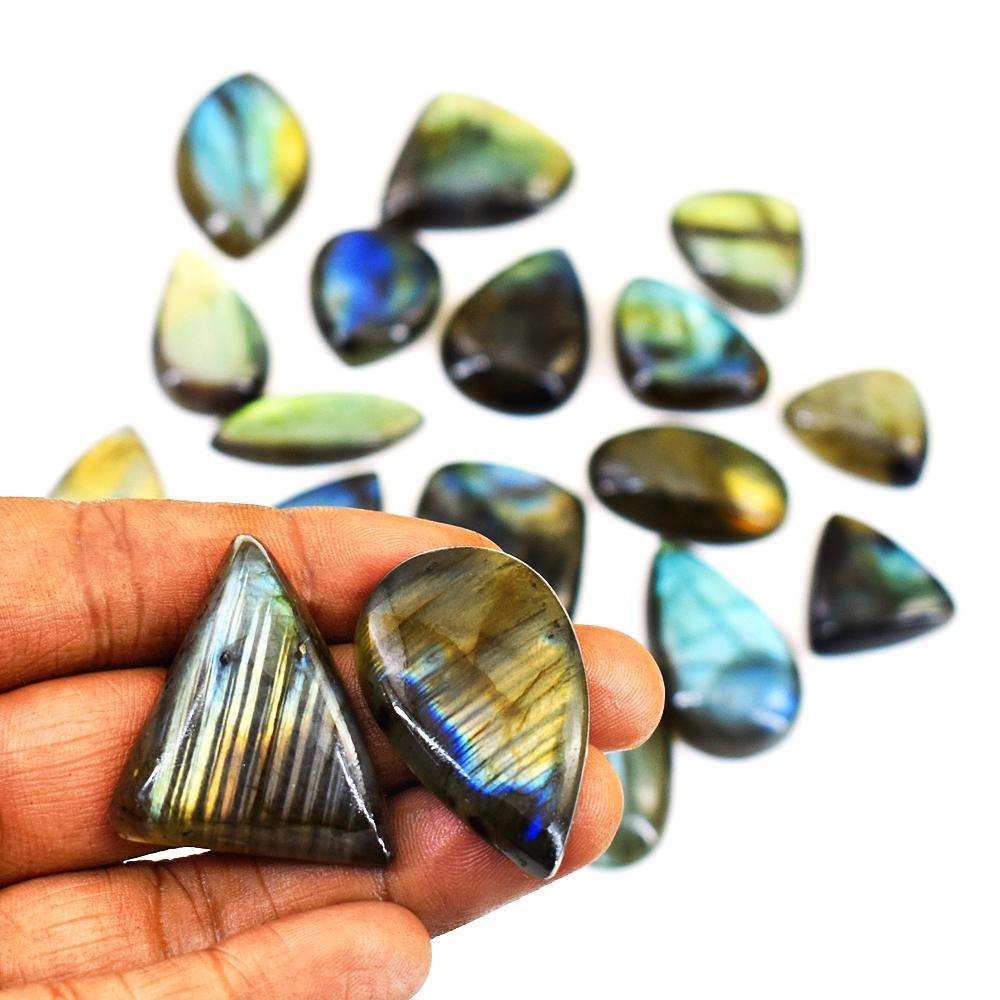 gemsmore:Genuine Green & Golden Flash Labradorite Untreated Gemstone Cabochon Lot