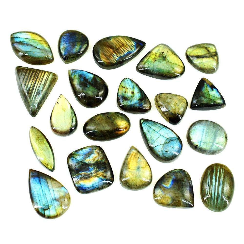 gemsmore:Genuine Green & Golden Flash Labradorite Untreated Gemstone Cabochon Lot