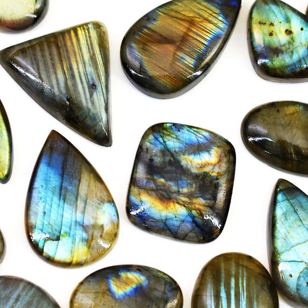 gemsmore:Genuine Green & Golden Flash Labradorite Untreated Gemstone Cabochon Lot