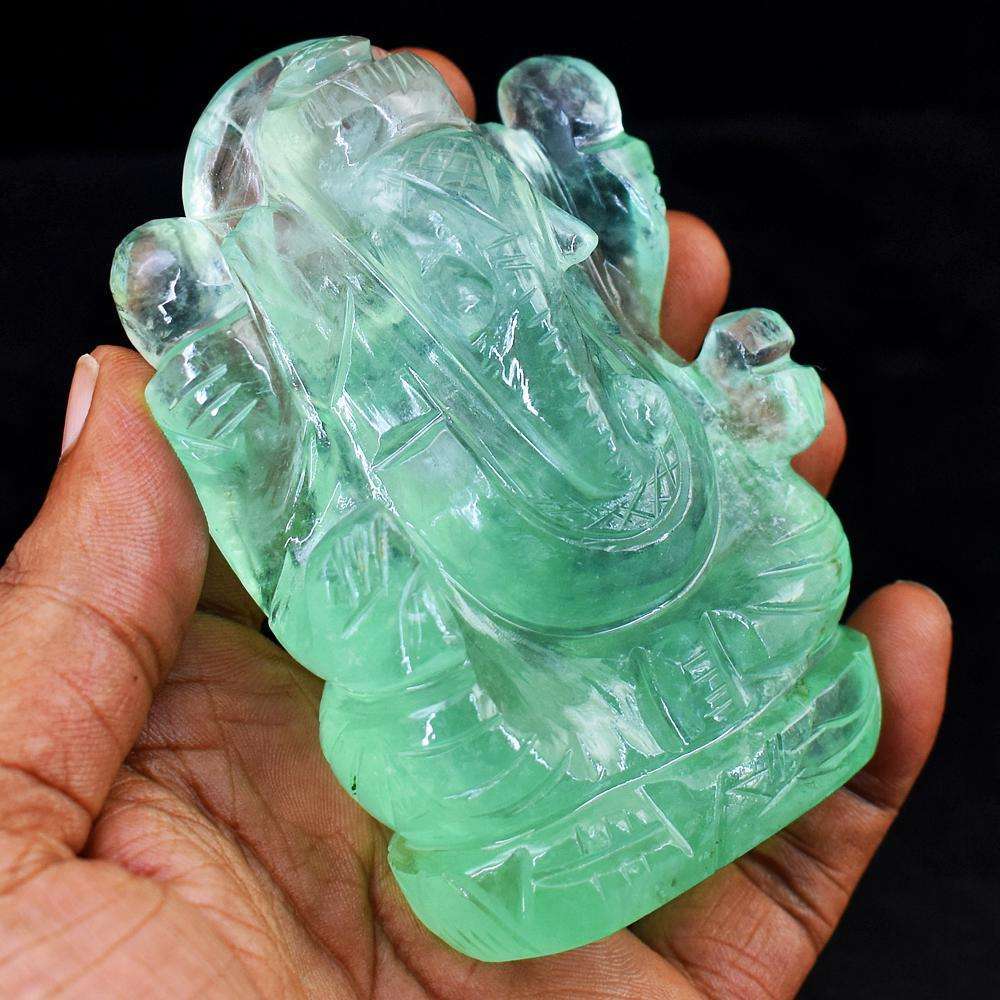 gemsmore:Genuine Hand Carved Green Fluorite Lord Ganesha