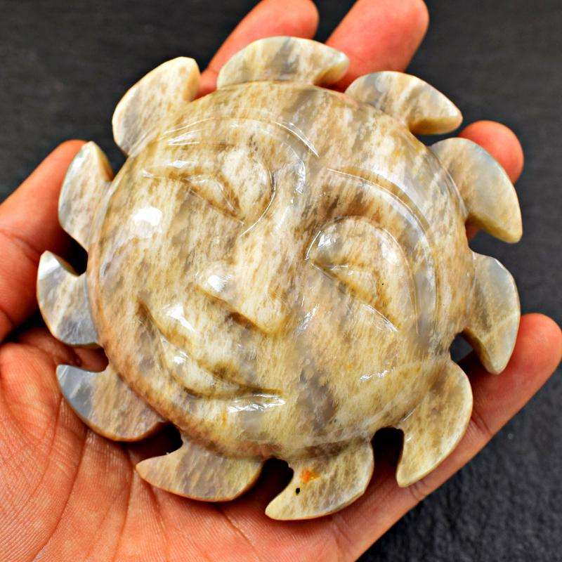 gemsmore:Genuine Hand Carved Grey Moonstone Sun Face