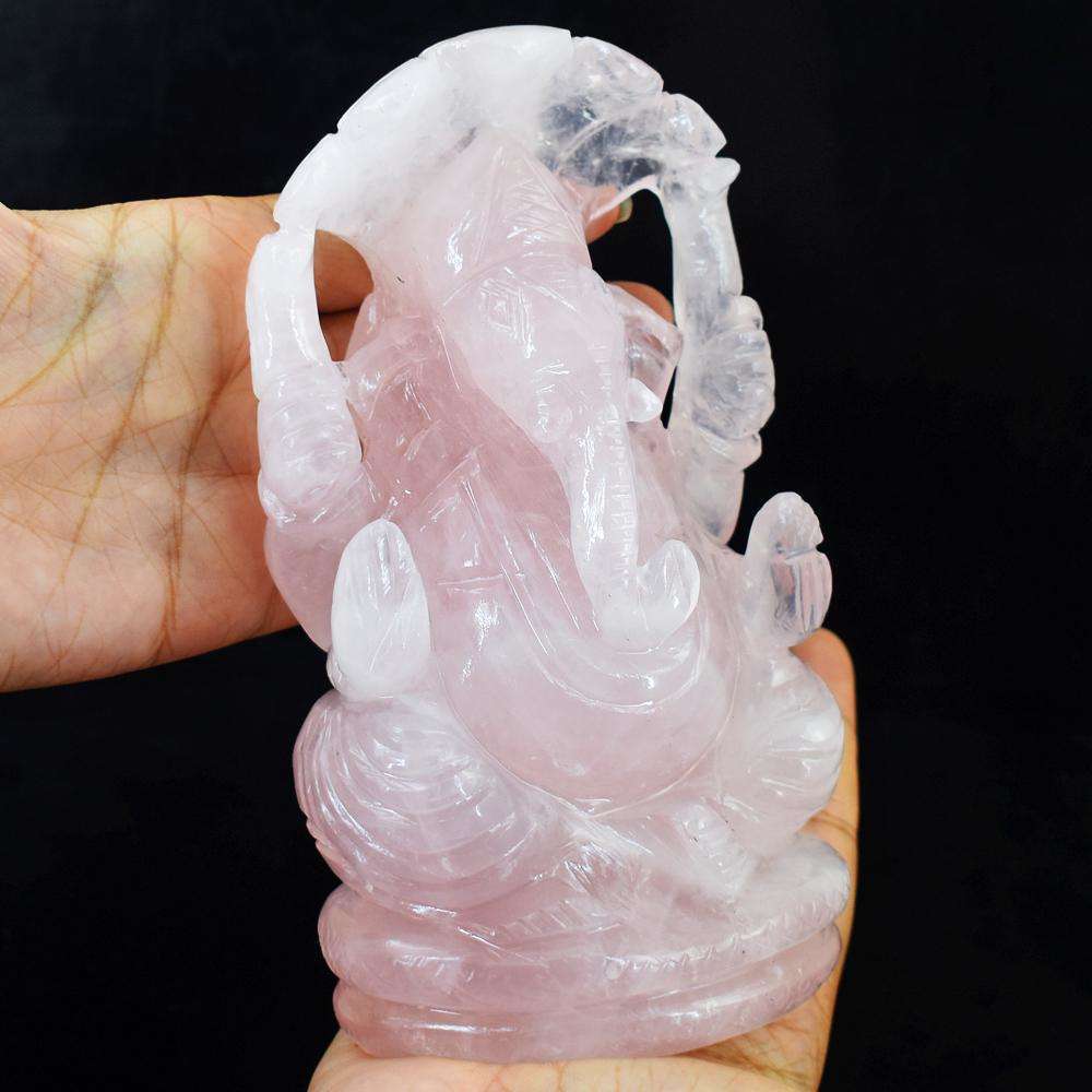 gemsmore:Genuine Hand Carved Pink Rose Quartz Ganesha Idol