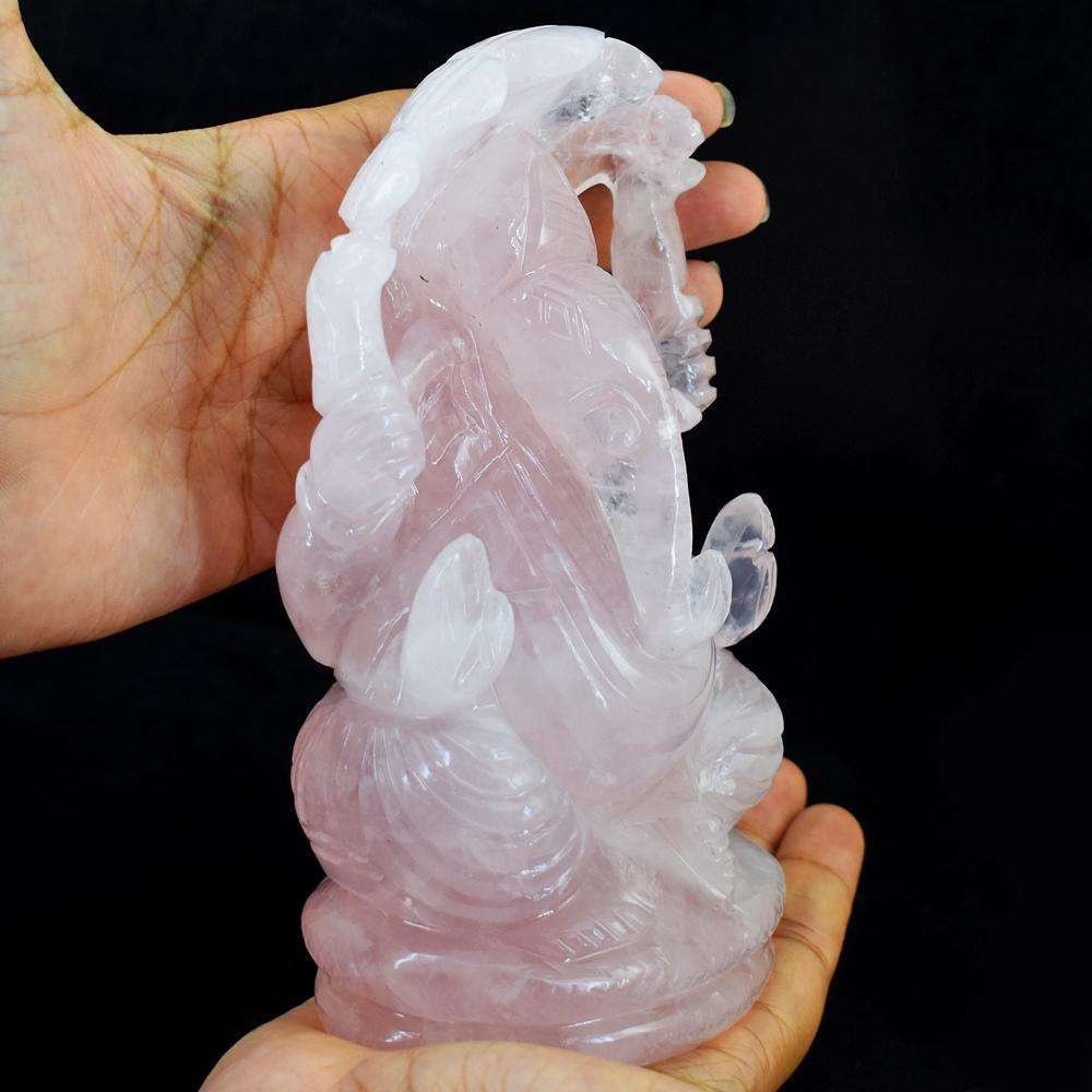 gemsmore:Genuine Hand Carved Pink Rose Quartz Ganesha Idol
