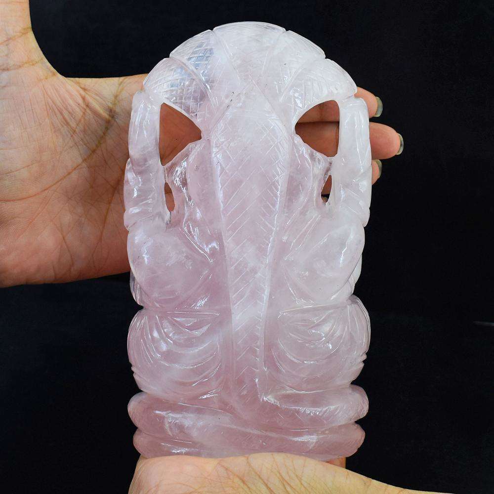 gemsmore:Genuine Hand Carved Pink Rose Quartz Ganesha Idol