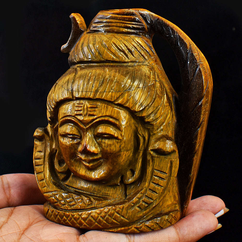 gemsmore:Genuine Hand Carved Tiger Eye  Lord Shiva Head Gemstone