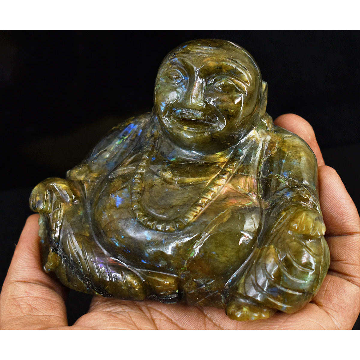 gemsmore:Genuine Labradorite Hand Carved Genuine Crystal Gemstone Carving Laughing Buddha