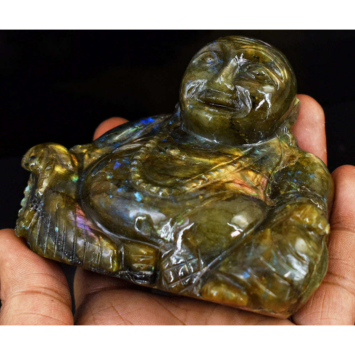 gemsmore:Genuine Labradorite Hand Carved Genuine Crystal Gemstone Carving Laughing Buddha