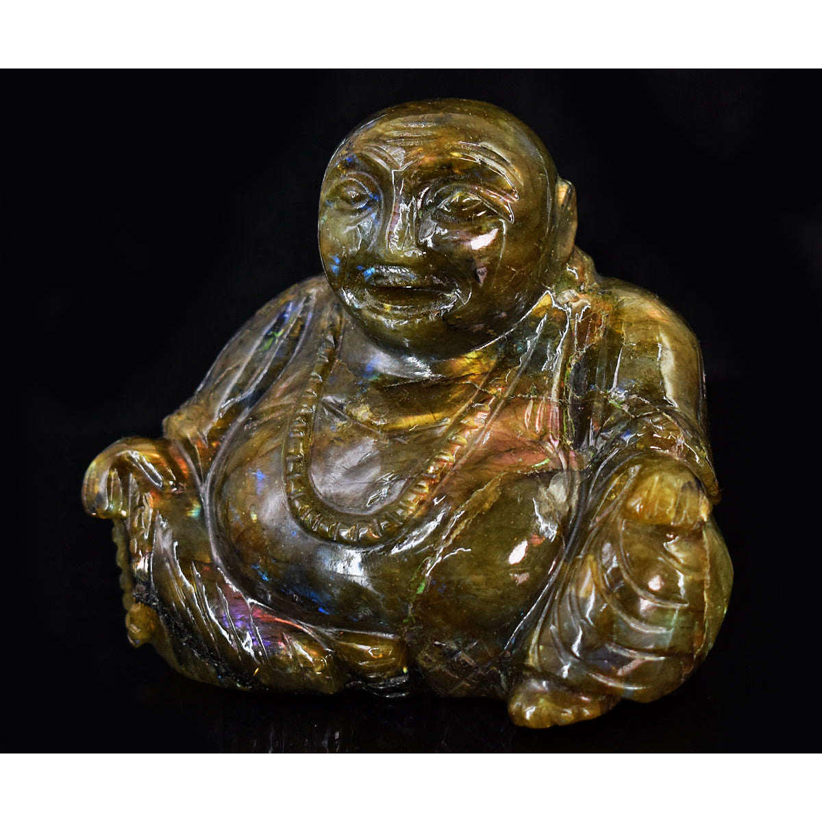 gemsmore:Genuine Labradorite Hand Carved Genuine Crystal Gemstone Carving Laughing Buddha