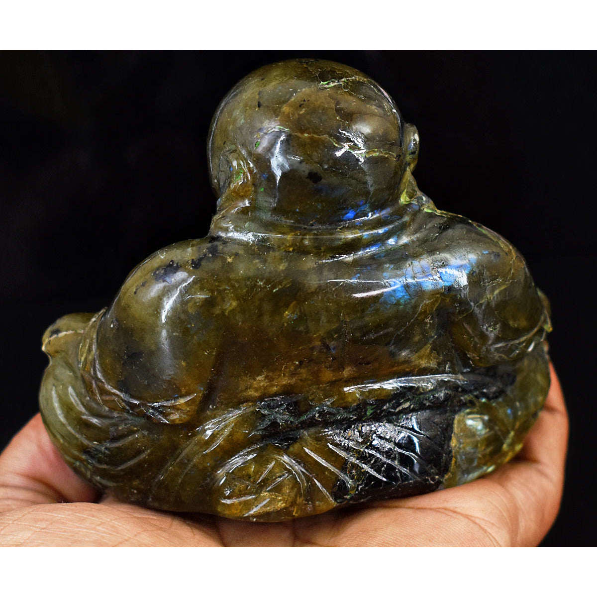 gemsmore:Genuine Labradorite Hand Carved Genuine Crystal Gemstone Carving Laughing Buddha