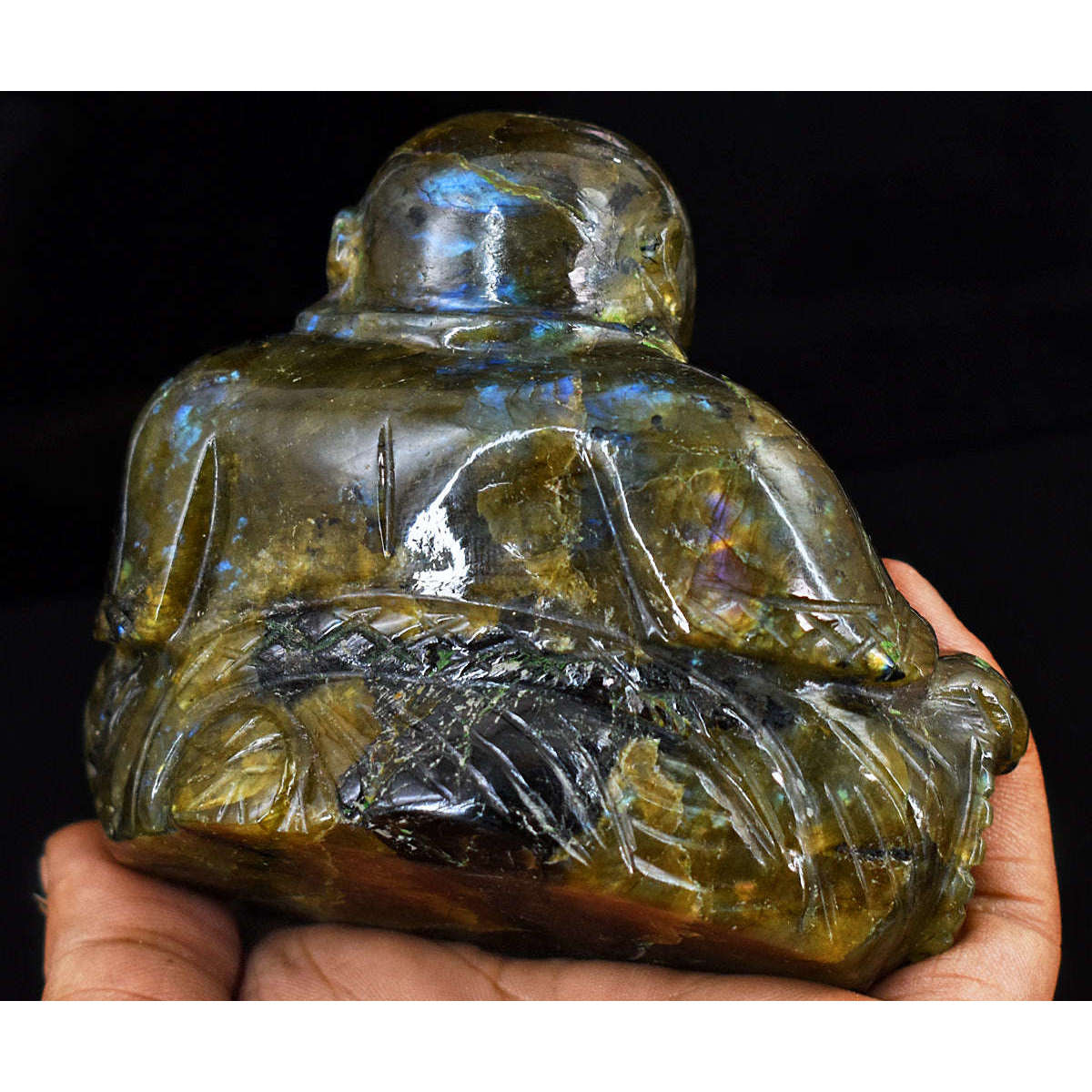 gemsmore:Genuine Labradorite Hand Carved Genuine Crystal Gemstone Carving Laughing Buddha