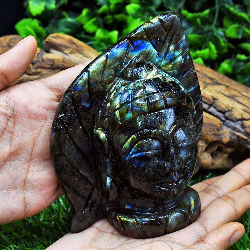 gemsmore:Genuine Labradorite Hand Carved Genuine Crystal Gemstone Carving Leaf Palm Buddha Head