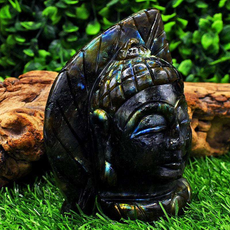 gemsmore:Genuine Labradorite Hand Carved Genuine Crystal Gemstone Carving Leaf Palm Buddha Head