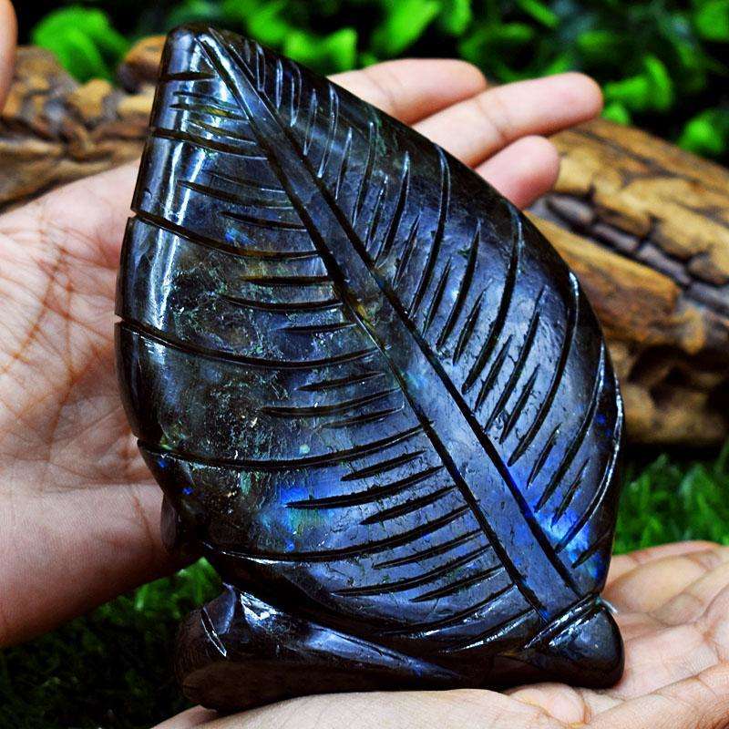 gemsmore:Genuine Labradorite Hand Carved Genuine Crystal Gemstone Carving Leaf Palm Buddha Head