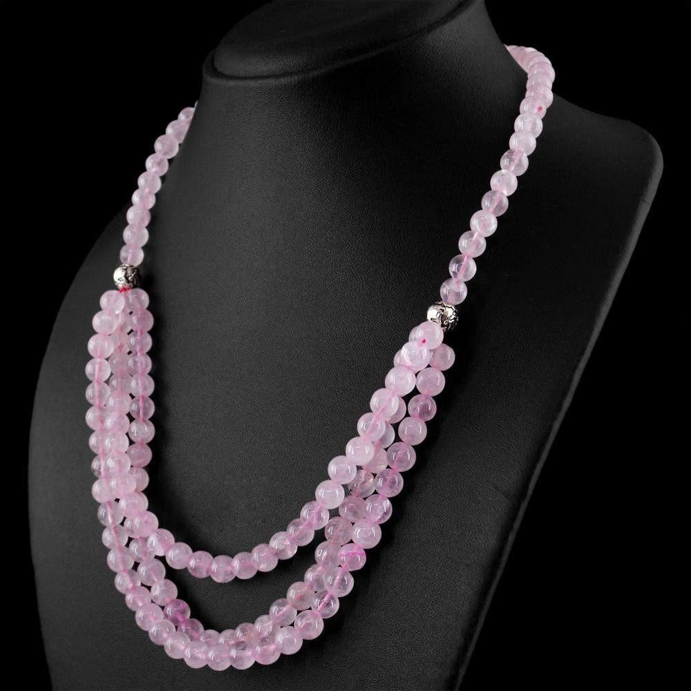 gemsmore:Genuine Natural Pink Rose Quartz Necklace Round Shape Untreated Single Strand Beads