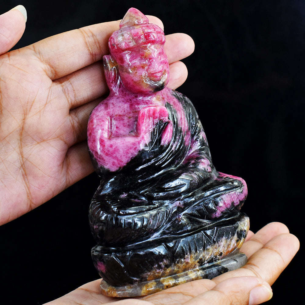 gemsmore:Genuine Pink Rhodonite  Hand Carved Buddha
