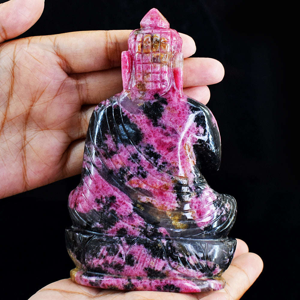 gemsmore:Genuine Pink Rhodonite  Hand Carved Buddha
