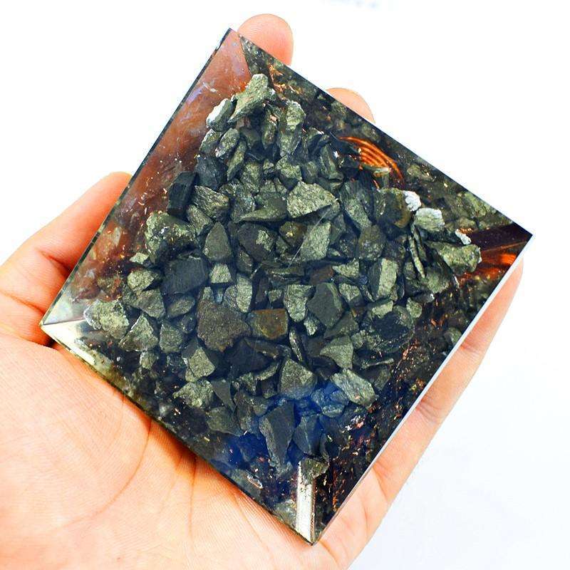 gemsmore:Genuine Pyrite Orgone Hand Carved Healing Pyramid