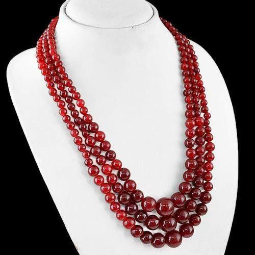 gemsmore:Genuine Red Onyx 3 Line Round Beads Necklace