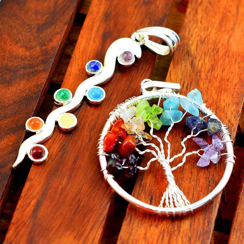 gemsmore:Genuine Seven Chakra Healing Snake & Tree Pendant Lot