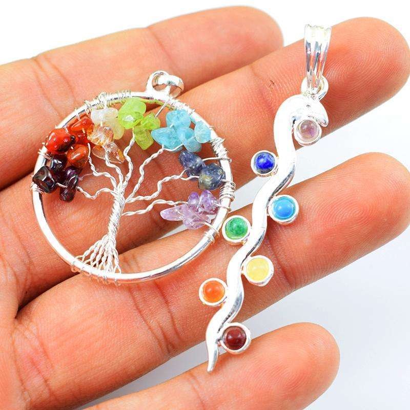 gemsmore:Genuine Seven Chakra Healing Snake & Tree Pendant Lot