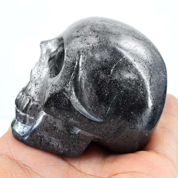 gemsmore:Genuine Silver Hematite Hand Carved Gemstone Skull
