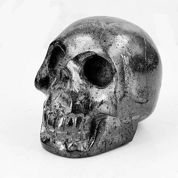 gemsmore:Genuine Silver Hematite Hand Carved Gemstone Skull