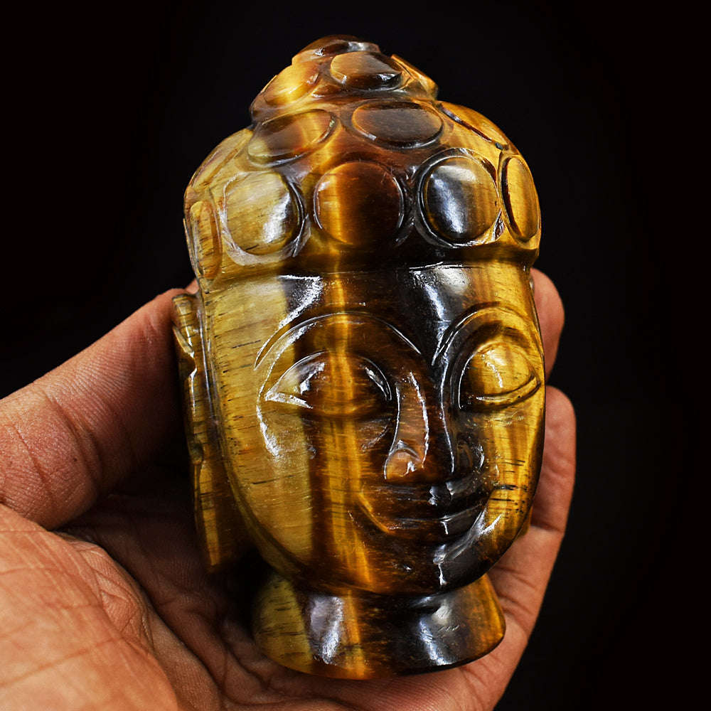 gemsmore:Genuine Tiger Eye Hand Carved Genuine Crystal Gemstone Carving Lord Buddha Head