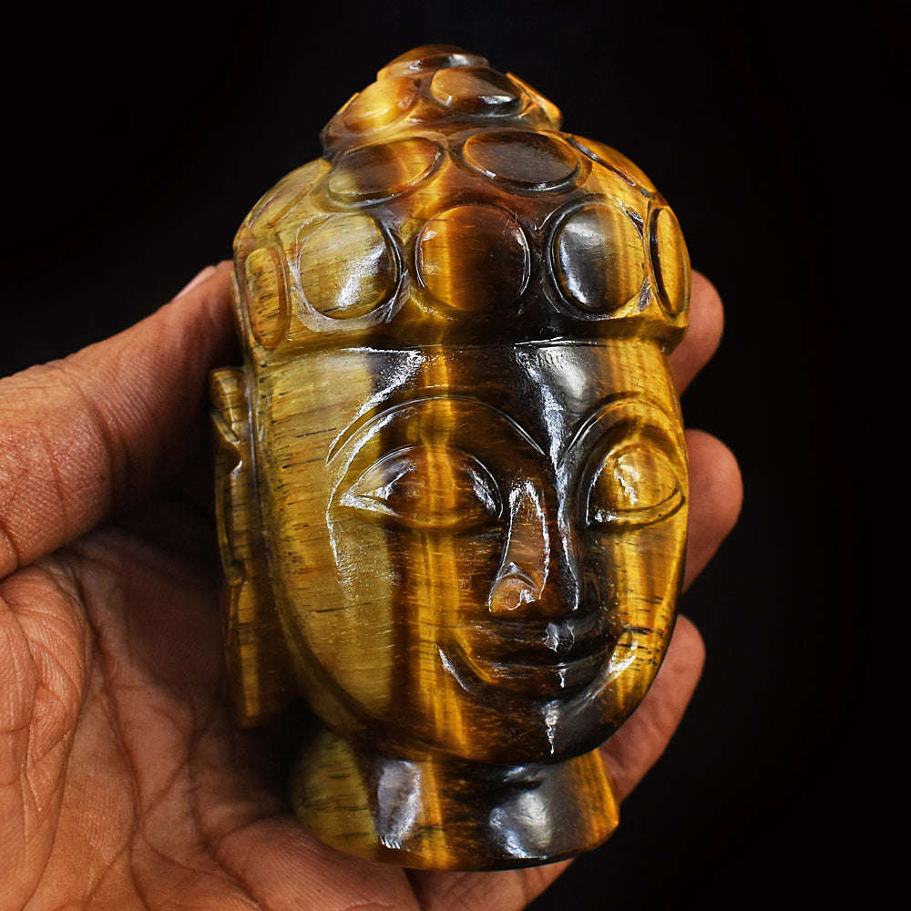 gemsmore:Genuine Tiger Eye Hand Carved Genuine Crystal Gemstone Carving Lord Buddha Head