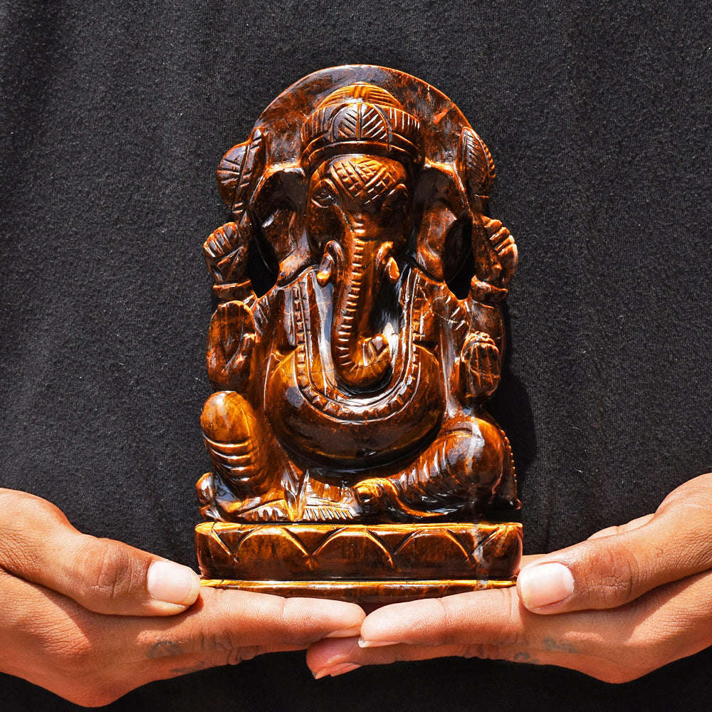 gemsmore:Genuine Tiger Eye Hand Carved Genuine Crystal Gemstone Carving Lord Ganesha