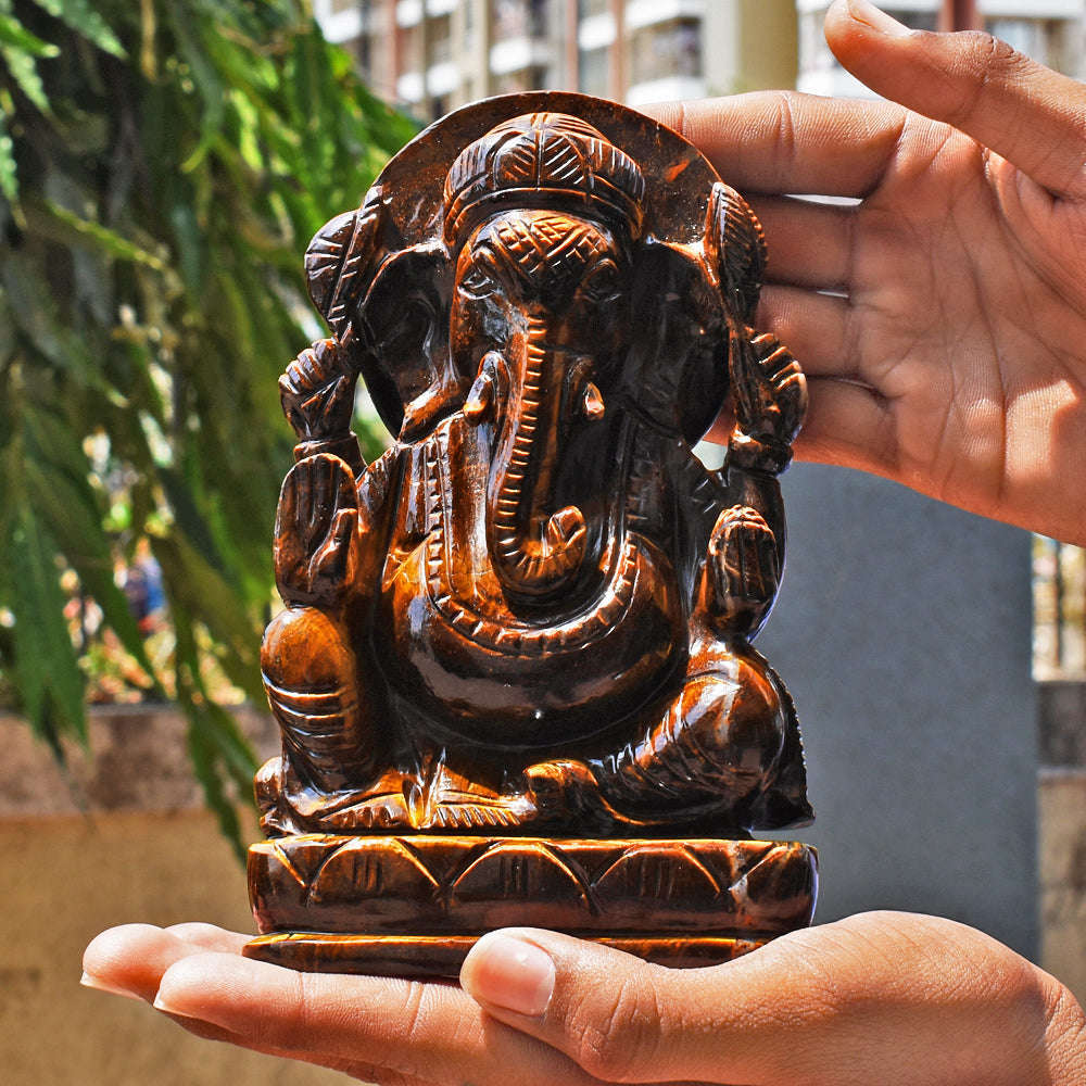 gemsmore:Genuine Tiger Eye Hand Carved Genuine Crystal Gemstone Carving Lord Ganesha