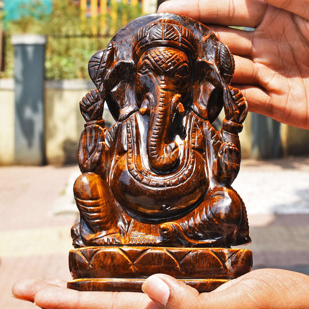 gemsmore:Genuine Tiger Eye Hand Carved Genuine Crystal Gemstone Carving Lord Ganesha