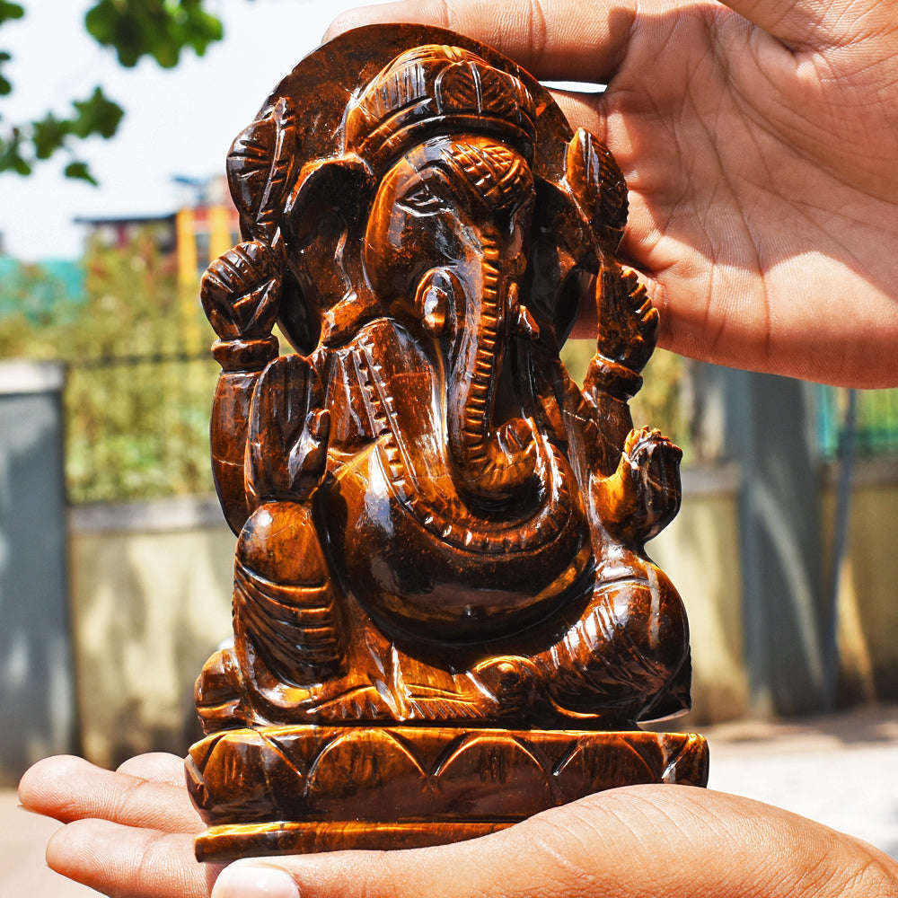 gemsmore:Genuine Tiger Eye Hand Carved Genuine Crystal Gemstone Carving Lord Ganesha