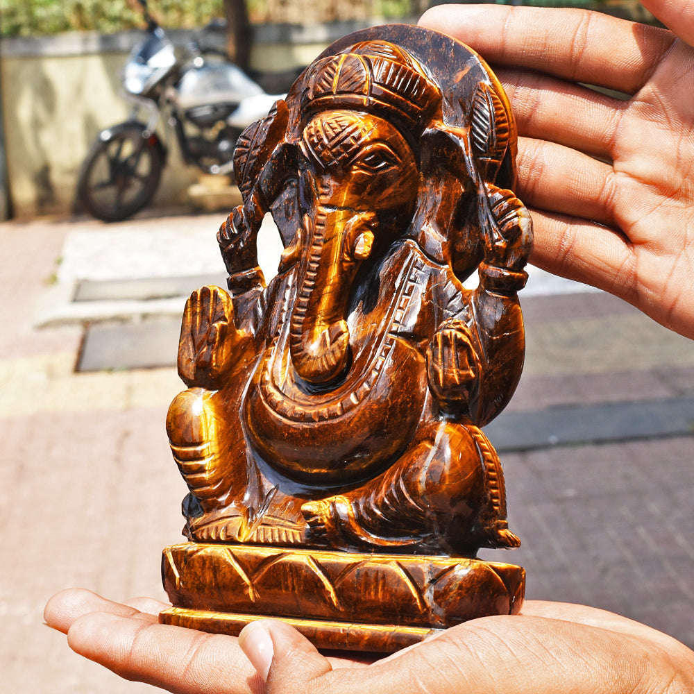gemsmore:Genuine Tiger Eye Hand Carved Genuine Crystal Gemstone Carving Lord Ganesha