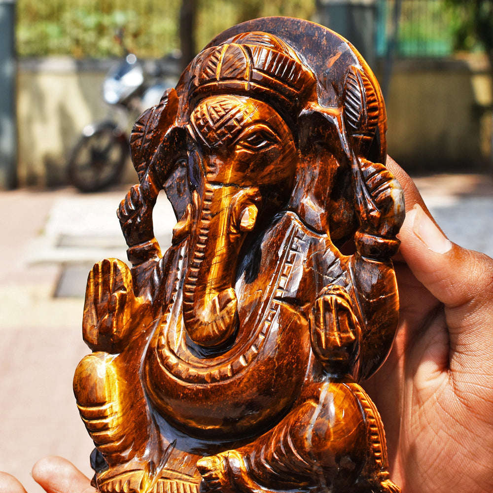 gemsmore:Genuine Tiger Eye Hand Carved Genuine Crystal Gemstone Carving Lord Ganesha