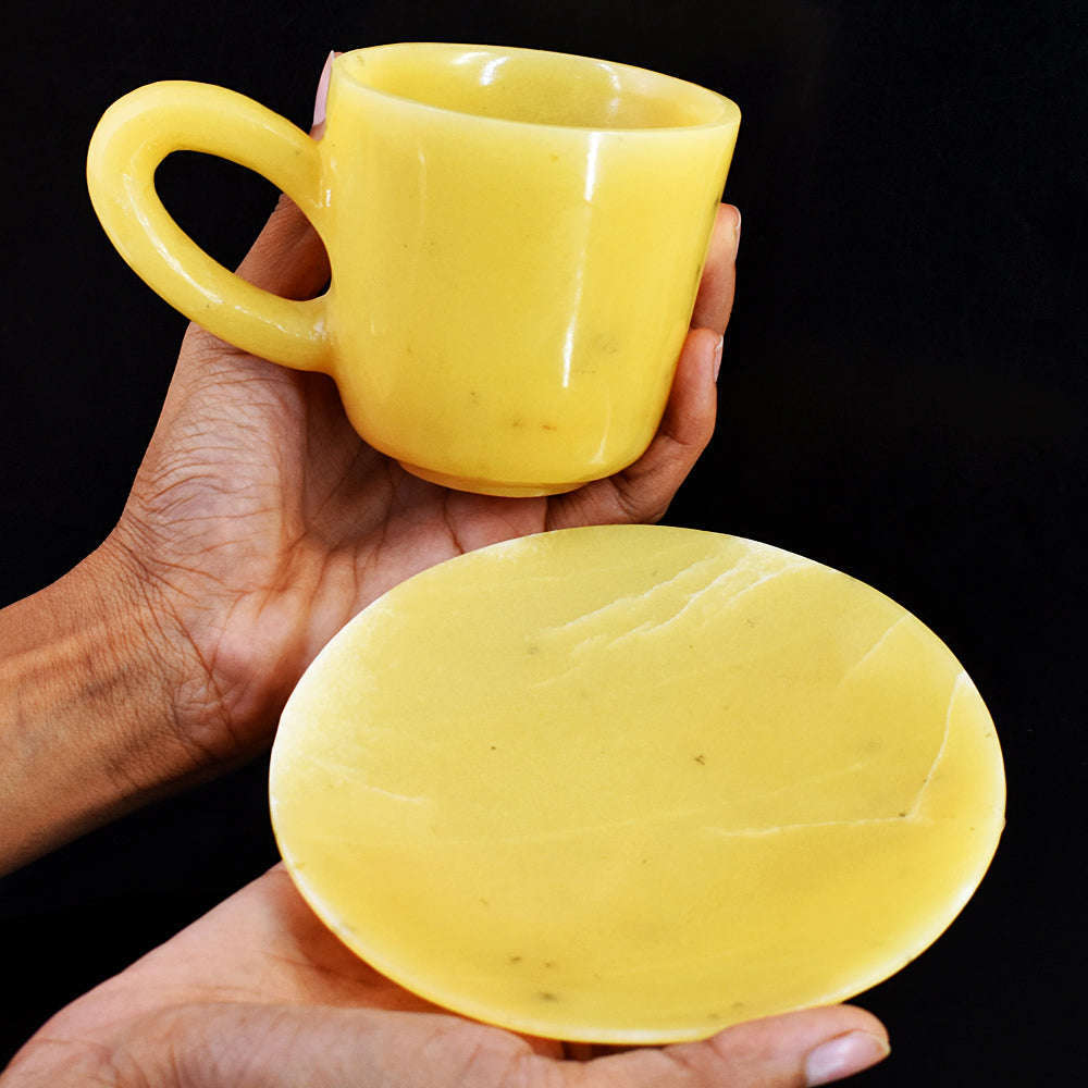 gemsmore:Genuine Yellow Agate Hand Carved Genuine Crystal Gemstone Carving Cup And Saucer Set