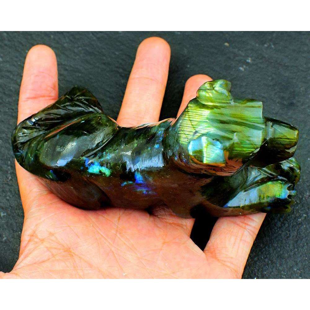 gemsmore:Golden & Blue Flash Labradorite Carved Dog
