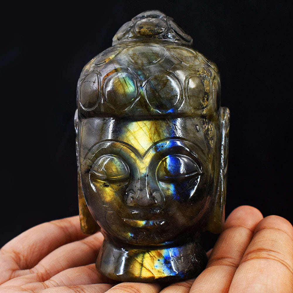 gemsmore:Golden & Blue Flash Labradorite Carved Lord Buddha Head Idol