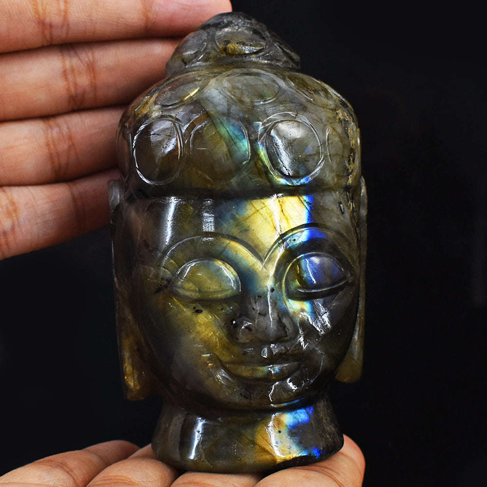 gemsmore:Golden & Blue Flash Labradorite Carved Lord Buddha Head Idol